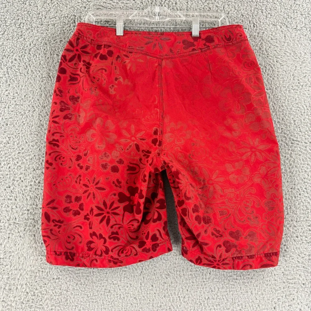 Vintage NSS‎ Board Shorts Mens 34 Red Floral Flocked Hibiscus Cargo Swim Trunks